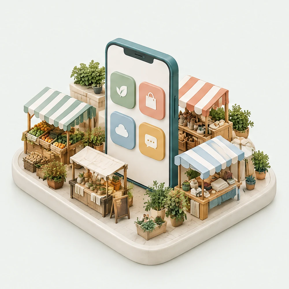 A conceptual miniature mobile-app and marketplace environment with connected services and customer touchpoints