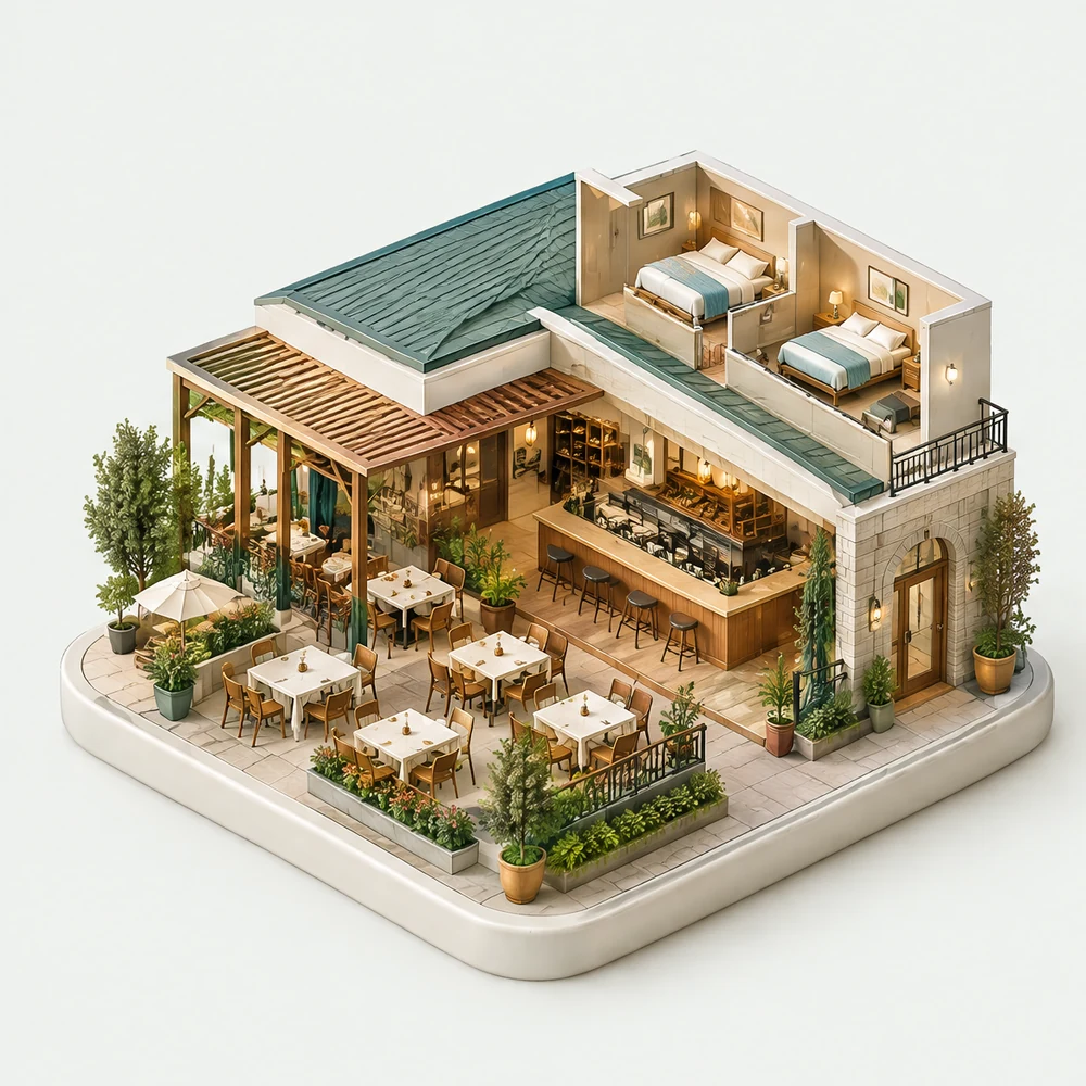 Conceptual restaurant and hotel miniature